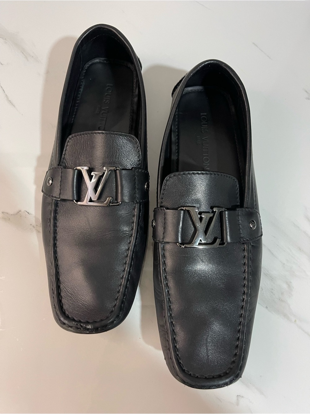 Louis Vuitton Black Leather LV Logo Slip-On Loafers